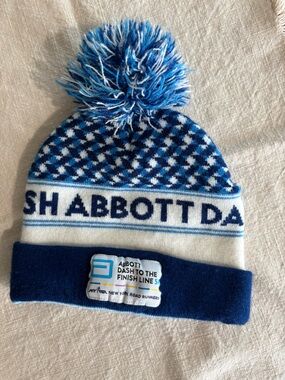 NYRR New Balance Blue and White Pom Pom Knit Beanie